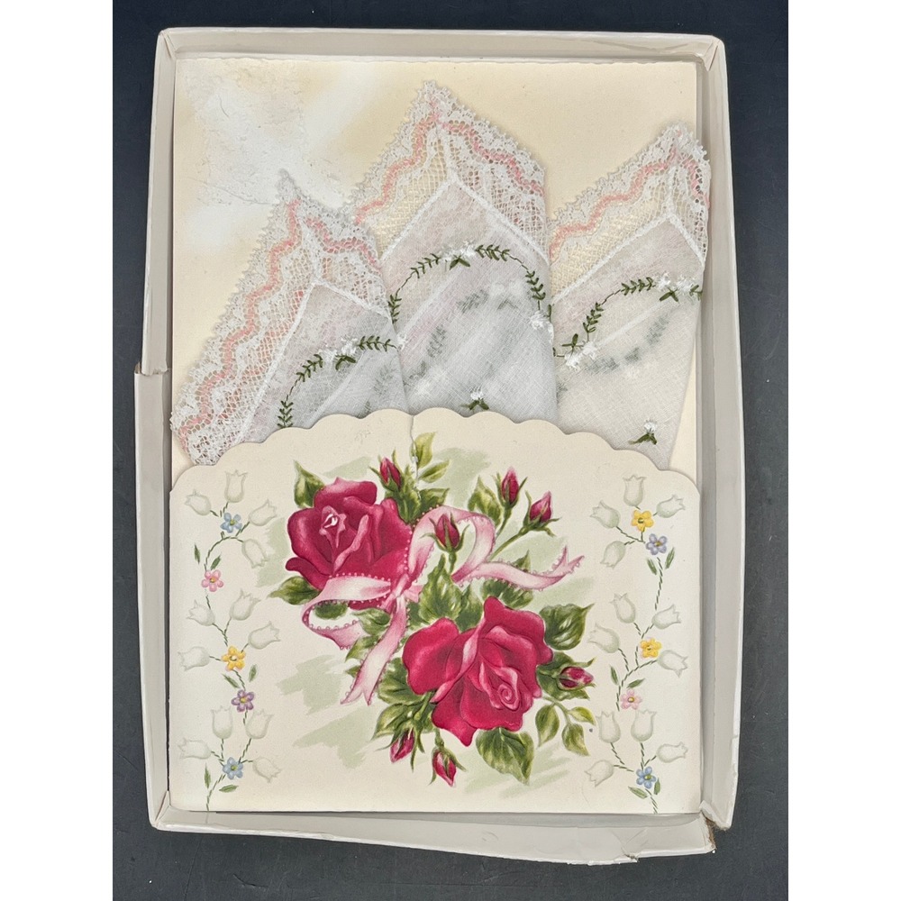 Treasure Master Embroidered‎ Lace Trim Handkerchief Floral Rose Ribbon Gift Box